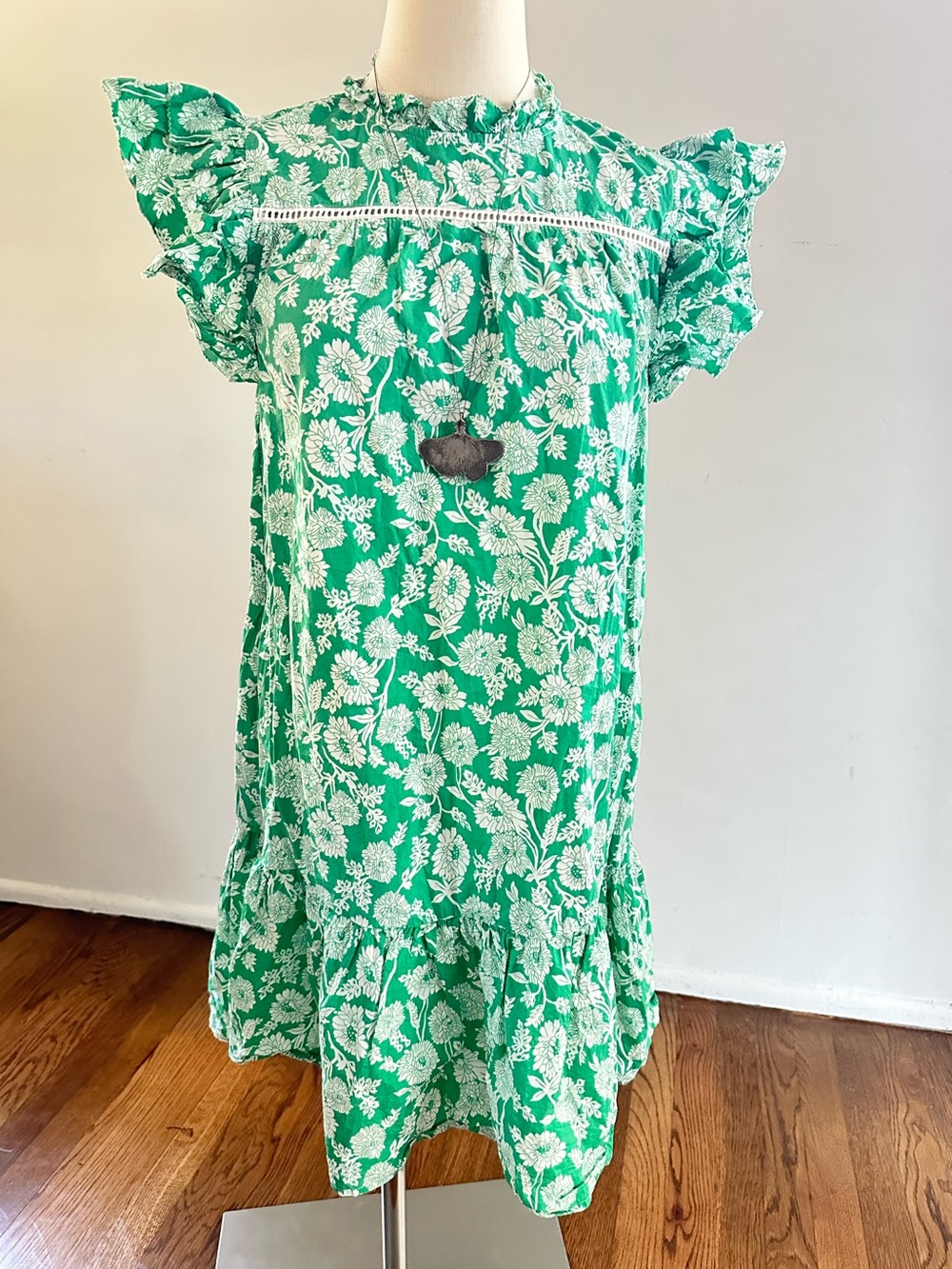 Pinch Green Floral Resort Dress Ruffle Sleeve Mini Dress Size L